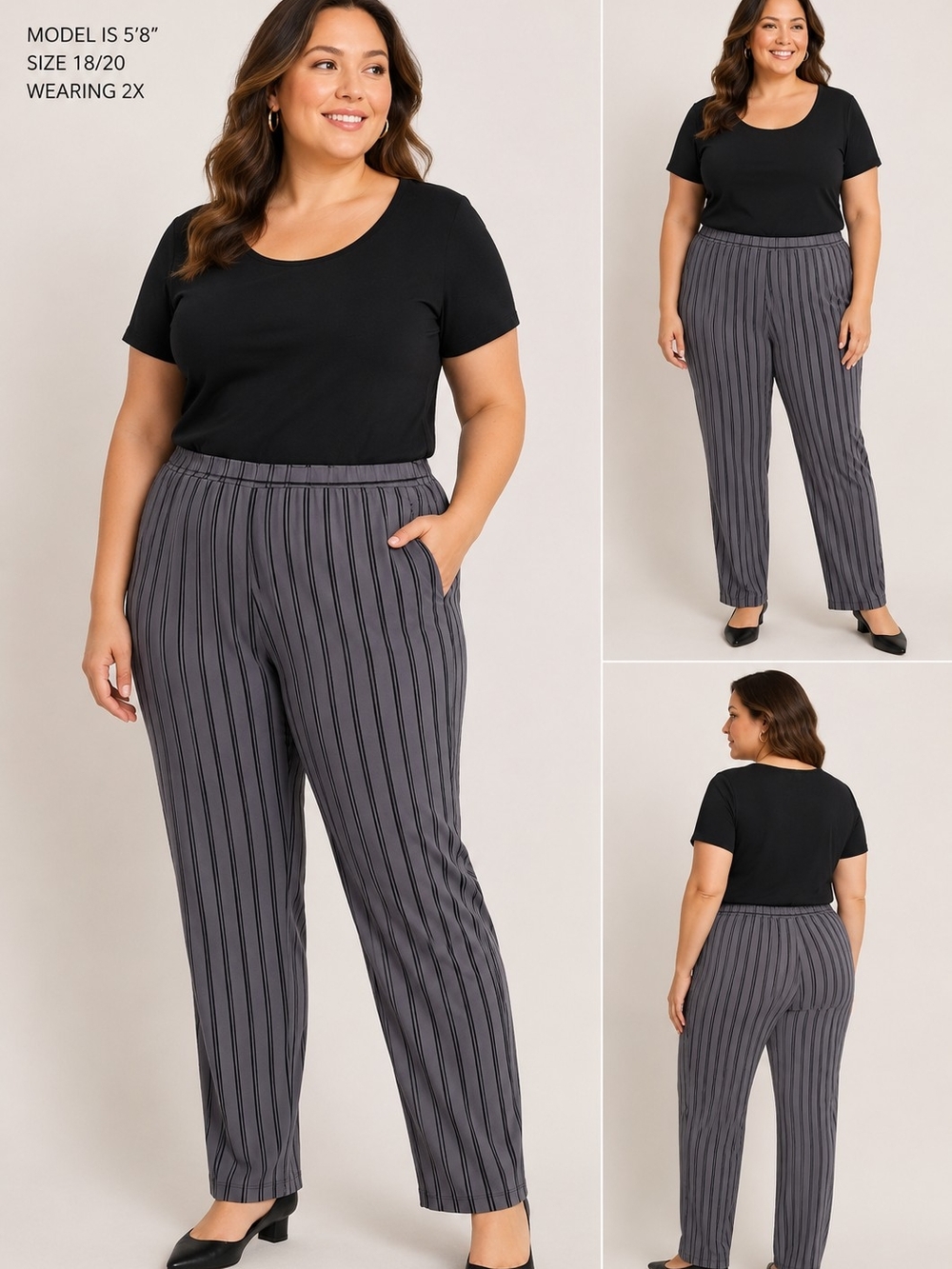 Antthony Women’s 2X Gray Black Vertical Stripe Stretch Pull-On Pants 21x29